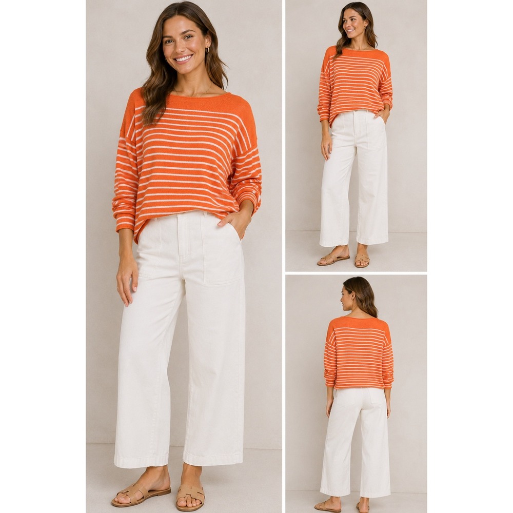Vince Womens Small 100% Linen Sweater Orange‎ White Stripe Boat Neck Pullover